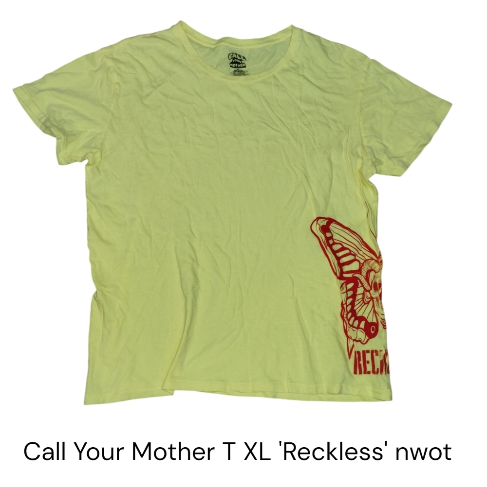 Call Your Mother Reckless Skull Butterfly Graphic T-shirt XL Yellow NWOT